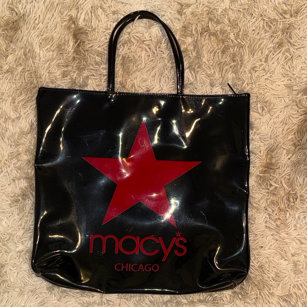 Macy's Chic Black Patent Leather Tote with Red Star “Chicago”